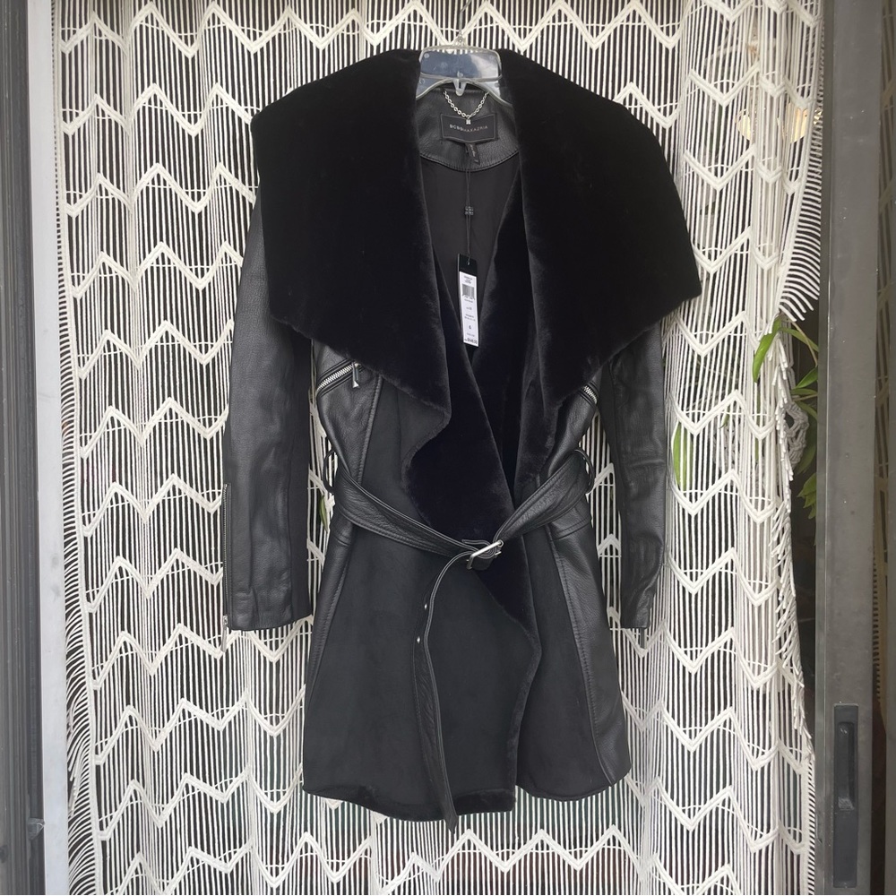 Leather and faux fur trench coat